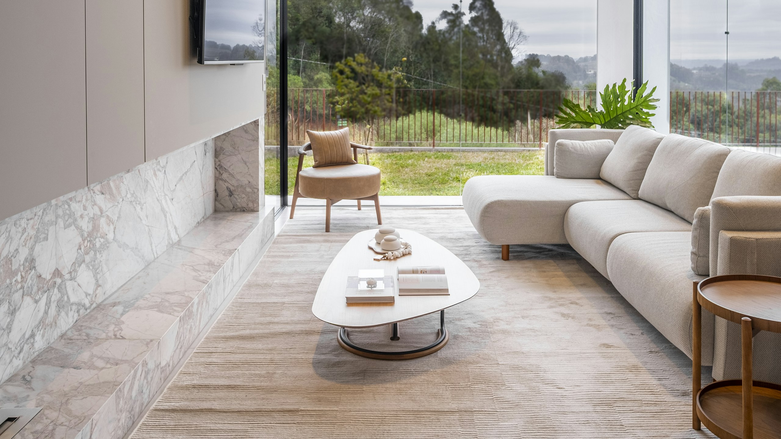 Luminous modern living room rendered as a walkable 3D space in NEK