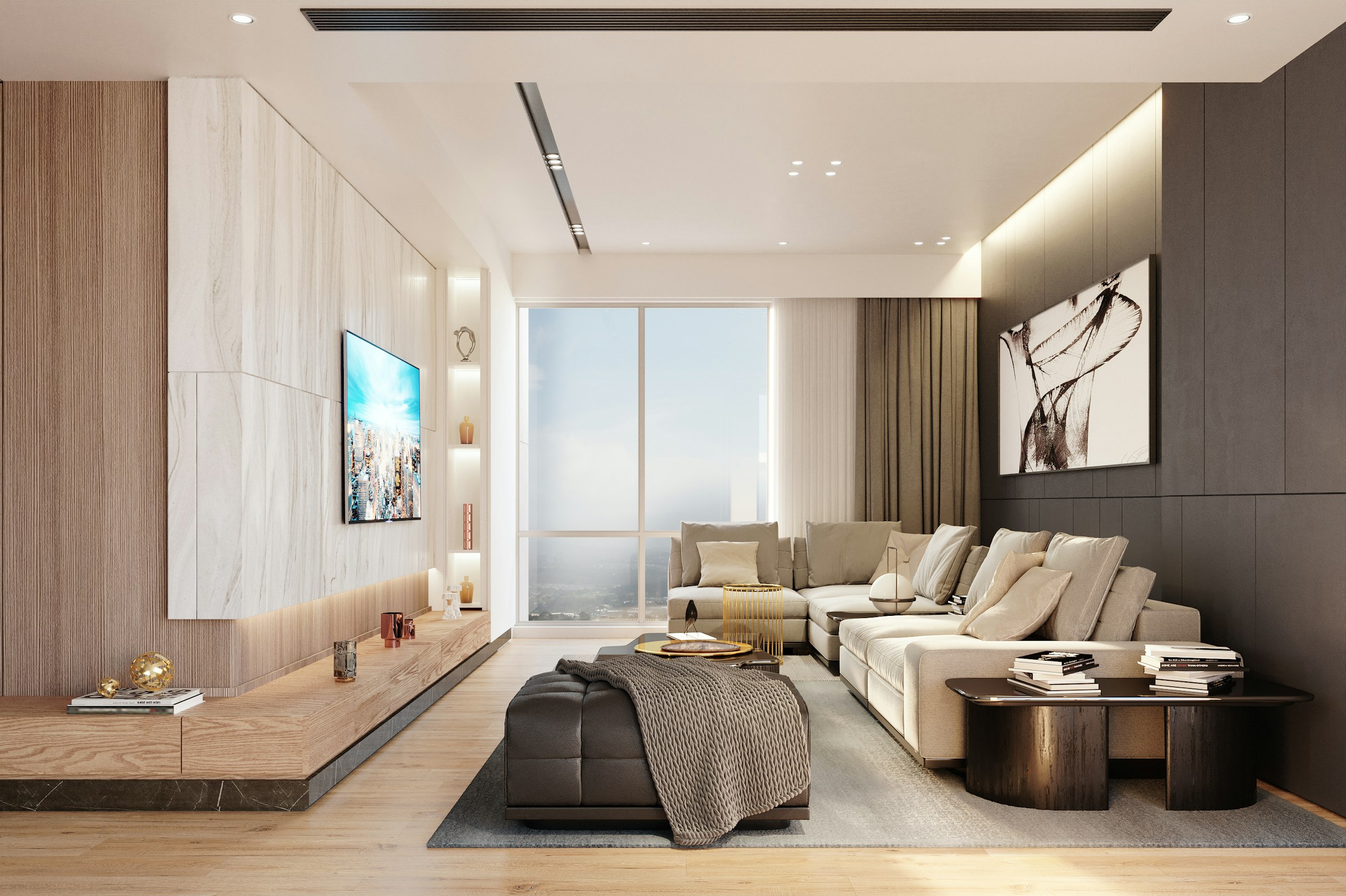 Photoreal modern living room — the 3D render produced from the floor plan